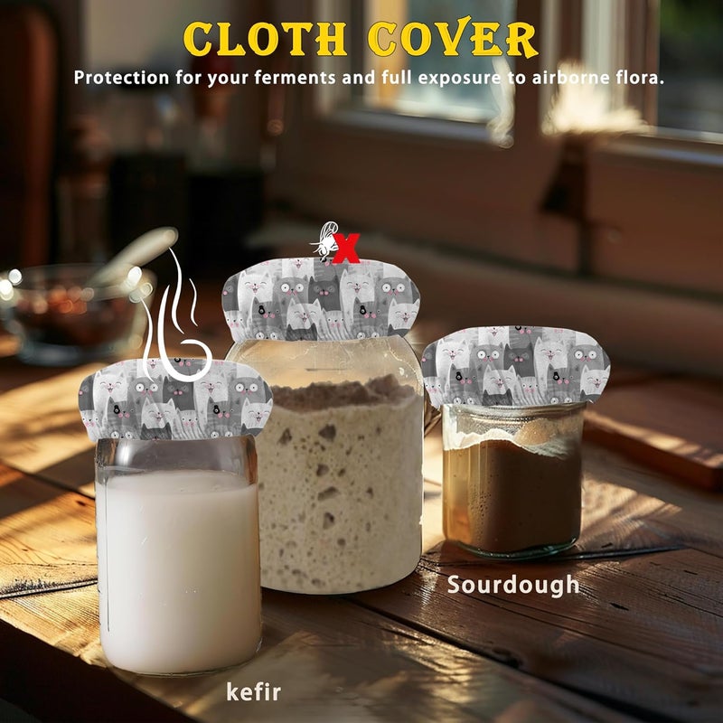 IGPPDO Grey Cute Cat Sourdough Starter Jar Cloth Covers, 5 Pack Kit Stretchy Cloth Bowl Lids Fits Jar Mouth Ranging 3"- 4" Inches - Image 2